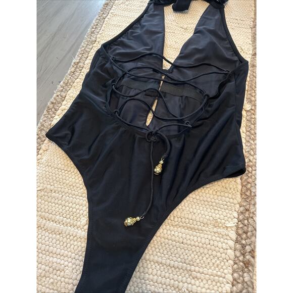 Asa Kaftans Black Turquoise Color Gems Gold Beaded Halter Swim Suit Size XL - Picture 10 of 10